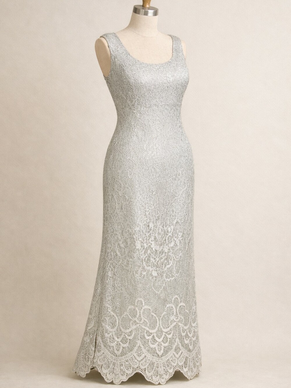 Vintage 90s Silver Crochet Lace Gown | Metallic Boho Formal Maxi Dress | Size 4